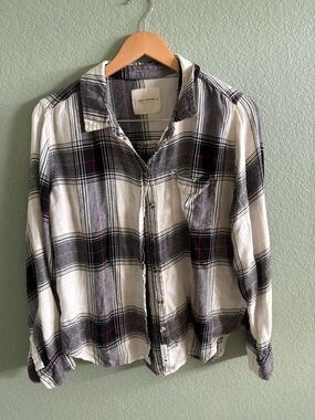 Lucky Brand Black & White Plaid Shirt with Pink Stripe Detail